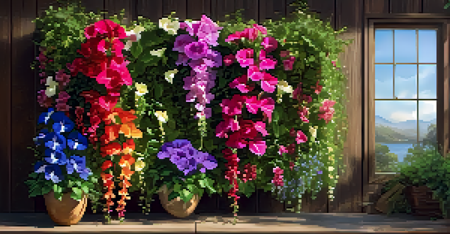 A vertical garden on a wooden wall with colorful flowers and climbing plants, illuminated by soft afternoon light.