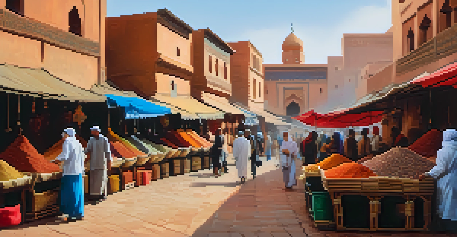 A lively market scene in Marrakech, with a vendor displaying colorful spices and shoppers in the background, showcasing the vibrant culture of Morocco.