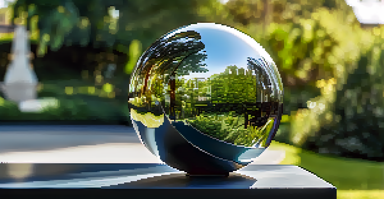 A close-up of a polished metal sculpture reflecting greenery and a blue sky, with intricate details visible.
