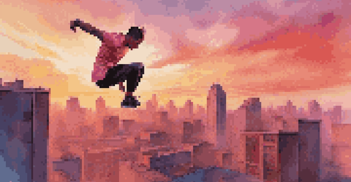 A parkour athlete doing a flip over a city skyline during sunset, with colorful skies and rooftops visible.