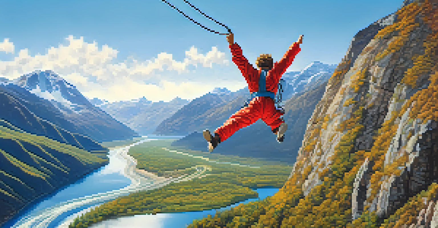 A bungee jumper in mid-air against a blue sky, with mountains and a river visible below.