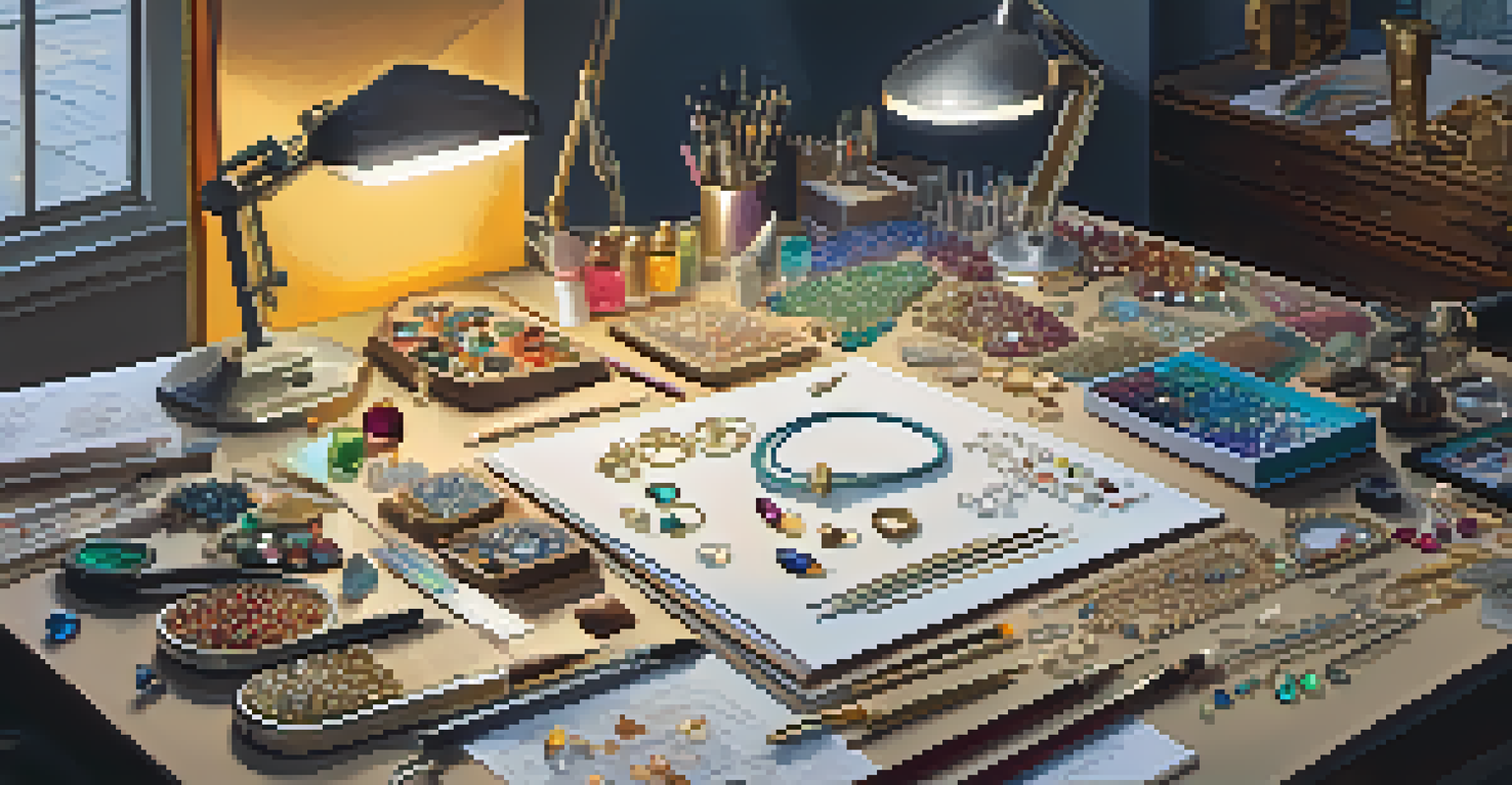 A jewelry designer's workspace filled with tools, sketches, and colorful gemstones, brightly lit to highlight the details.