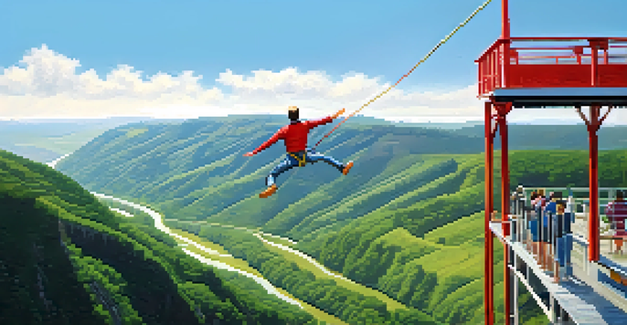 A bungee jump platform overlooking a green valley with a jumper ready to jump, under a clear blue sky.