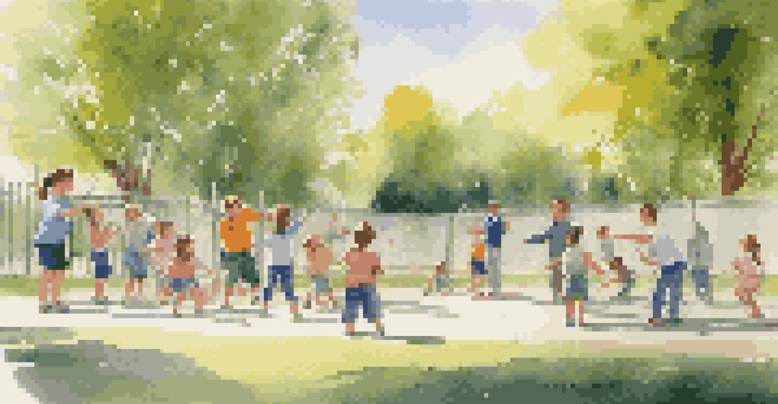 An outdoor fencing workshop in a sunny park, featuring children practicing techniques with a coach, surrounded by greenery and cheerful expressions.