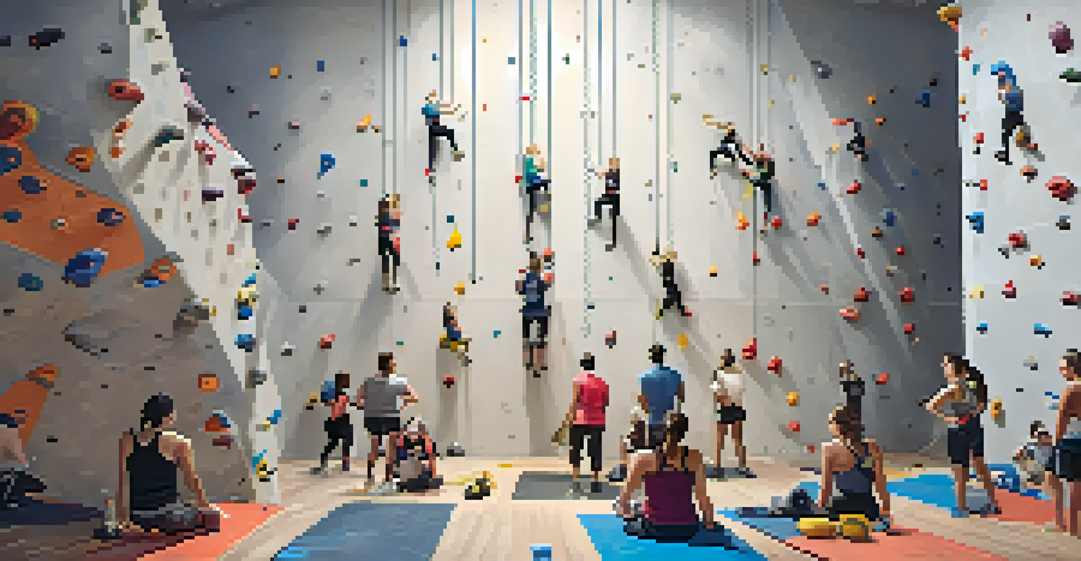 A beginner climbing class with an instructor showing techniques, surrounded by climbing gear and an engaging atmosphere.