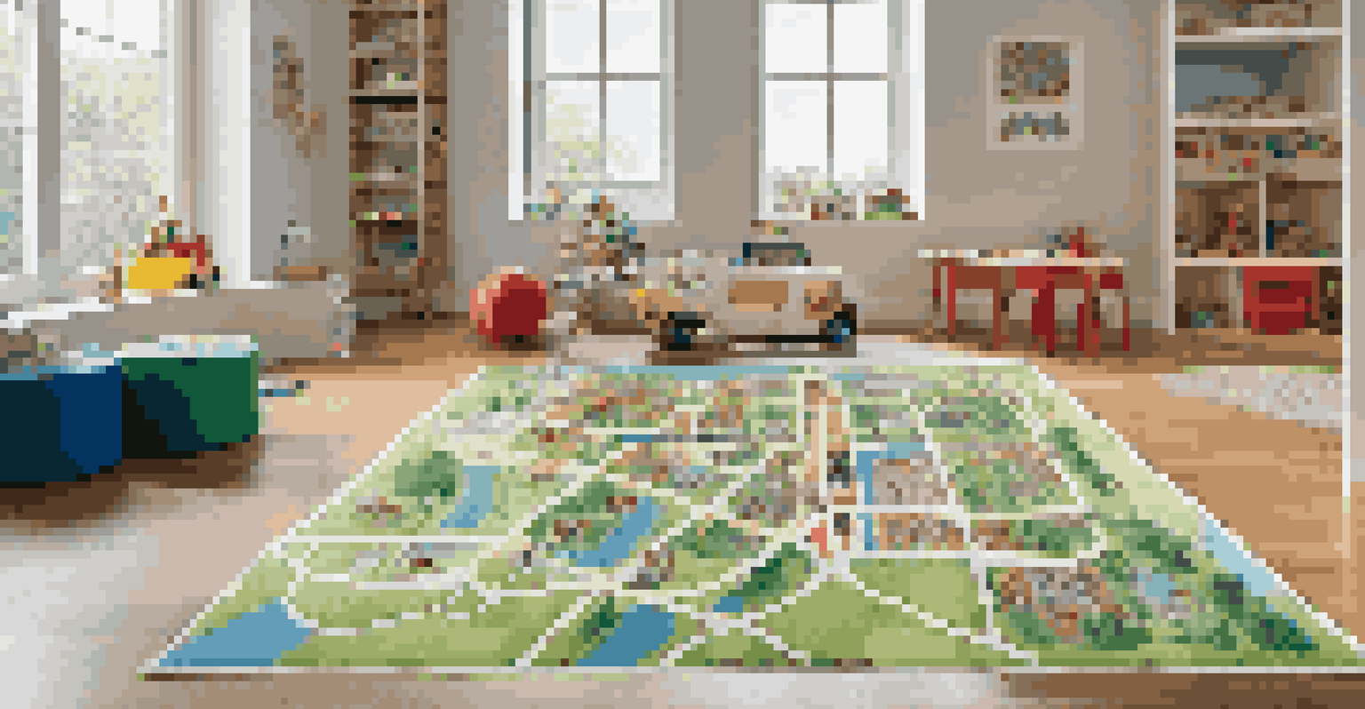 An interactive city map rug in a playroom with children playing on it using toy cars, surrounded by cheerful decorations.