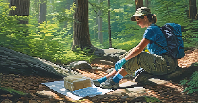 A hiker in a forest treating a cut on their leg with an antiseptic wipe and bandage, surrounded by a first aid kit and natural greenery.