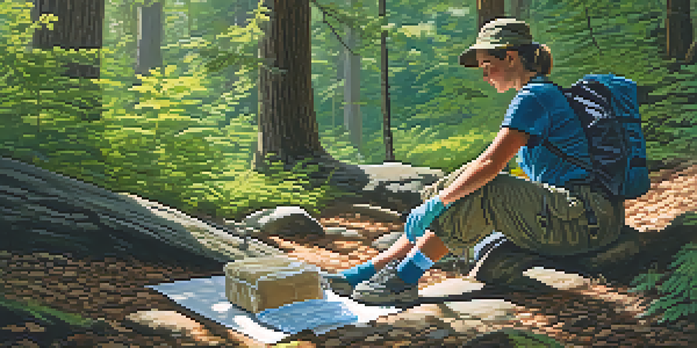 A hiker in a forest treating a cut on their leg with an antiseptic wipe and bandage, surrounded by a first aid kit and natural greenery.