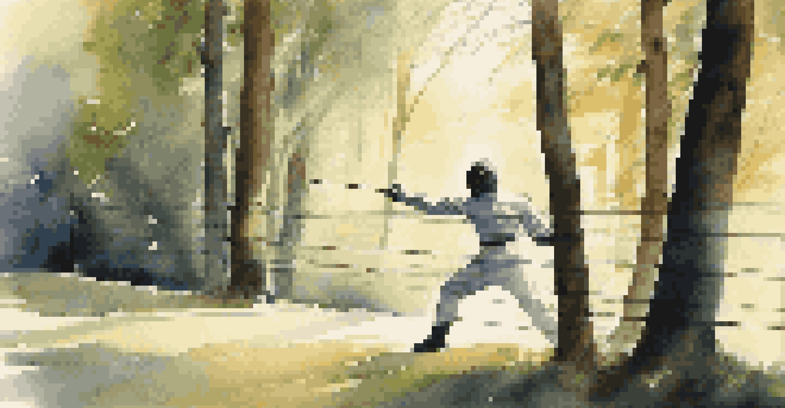 A fencer practicing shadow fencing outdoors, with soft sunlight and blurred background, conveying focus and intensity.