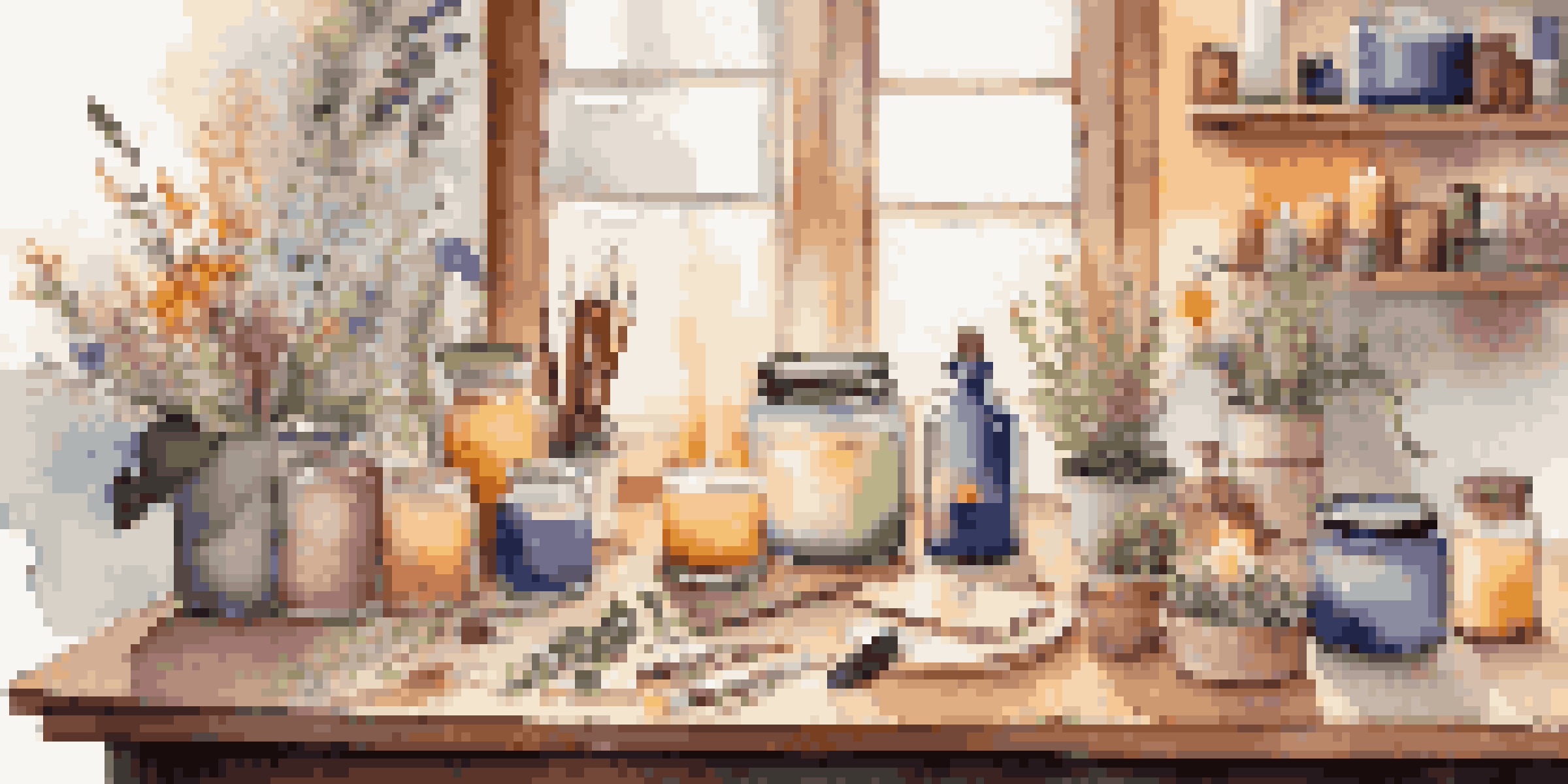 A cozy workspace with colorful homemade aromatherapy candles and candle-making supplies, illuminated by warm lighting.