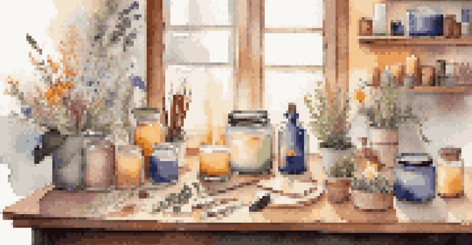 A cozy workspace with colorful homemade aromatherapy candles and candle-making supplies, illuminated by warm lighting.