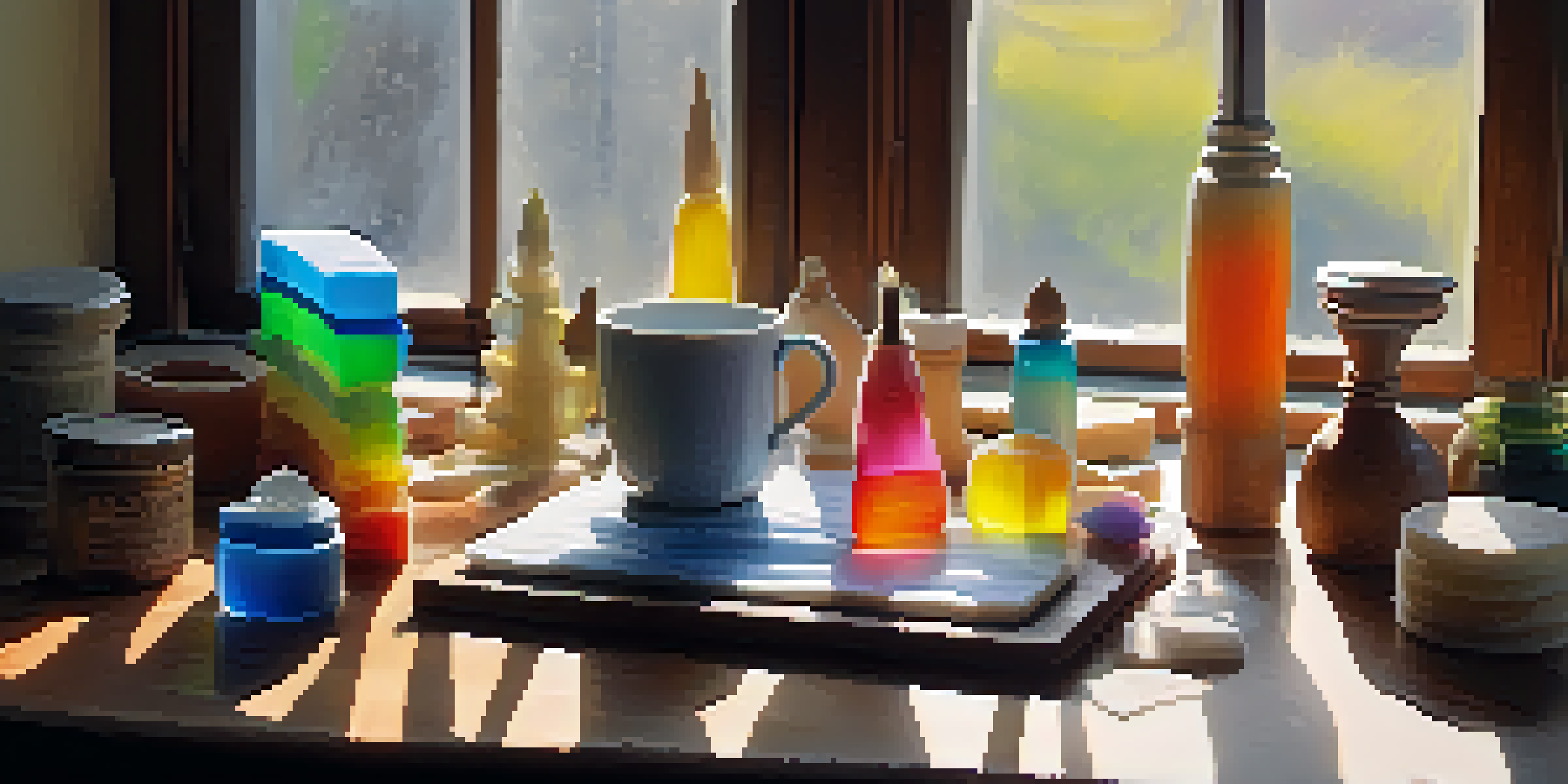 A peaceful workspace featuring soap sculpting tools and colorful soap bars, illuminated by sunlight.