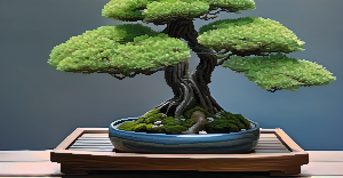 A serene bonsai garden with a miniature tree in a pot, stones, and a water fountain, illuminated by soft natural light.