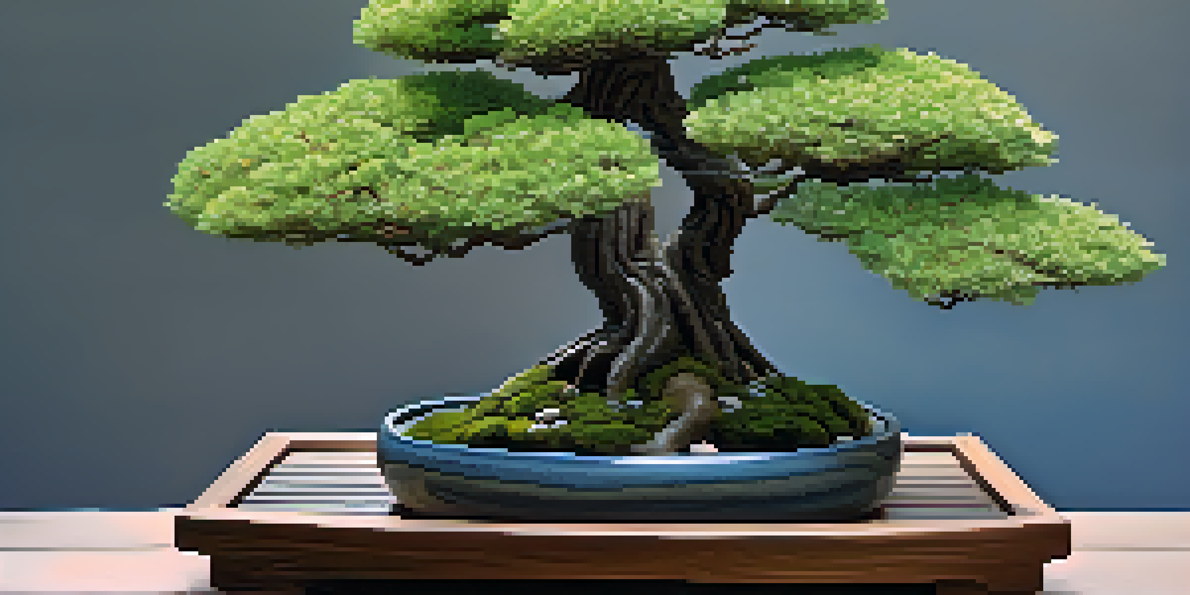 A serene bonsai garden with a miniature tree in a pot, stones, and a water fountain, illuminated by soft natural light.