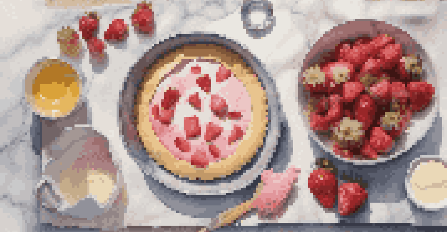 An overhead view of a kitchen countertop with pastry ingredients and a bowl of fruit filling.