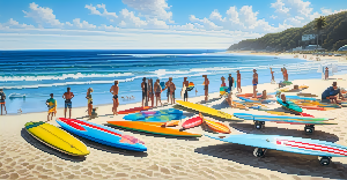 A lively beach scene with surfers on different types of surfboards catching waves, surrounded by a sunny sky and sandy beach.