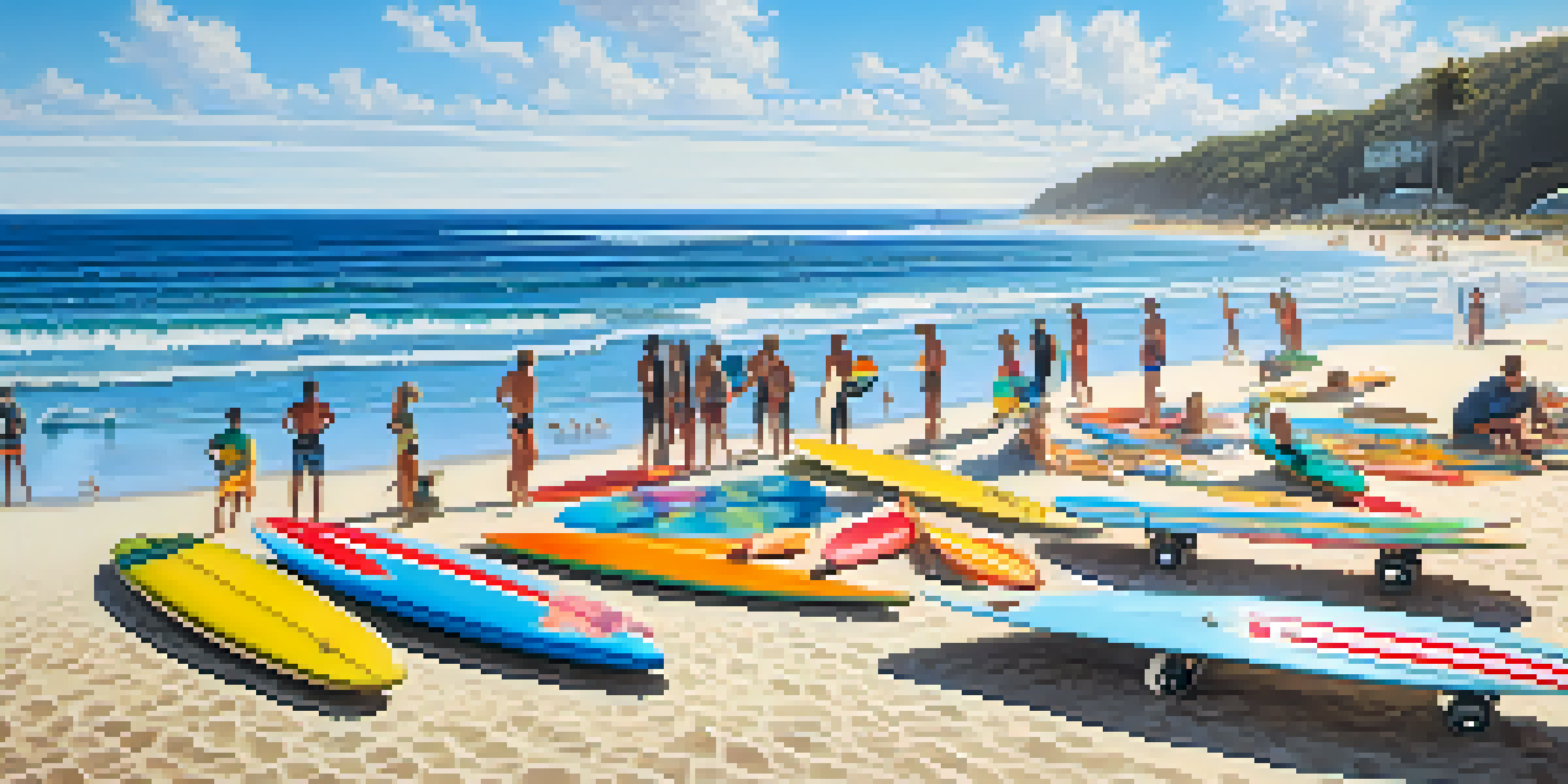 A lively beach scene with surfers on different types of surfboards catching waves, surrounded by a sunny sky and sandy beach.