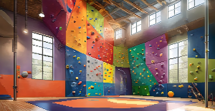 An indoor climbing gym with climbers on colorful routes and sunlight illuminating the space.