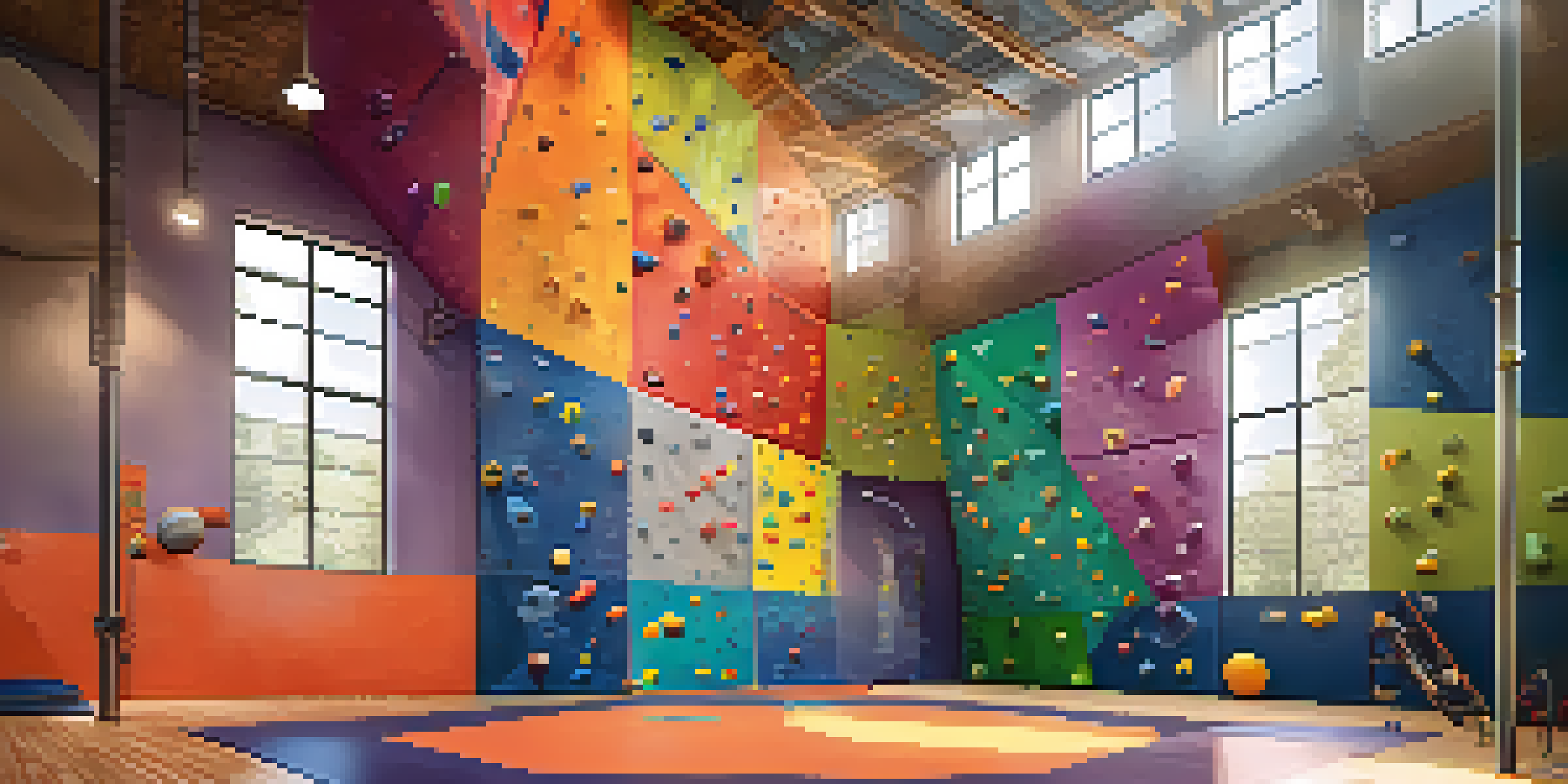 An indoor climbing gym with climbers on colorful routes and sunlight illuminating the space.