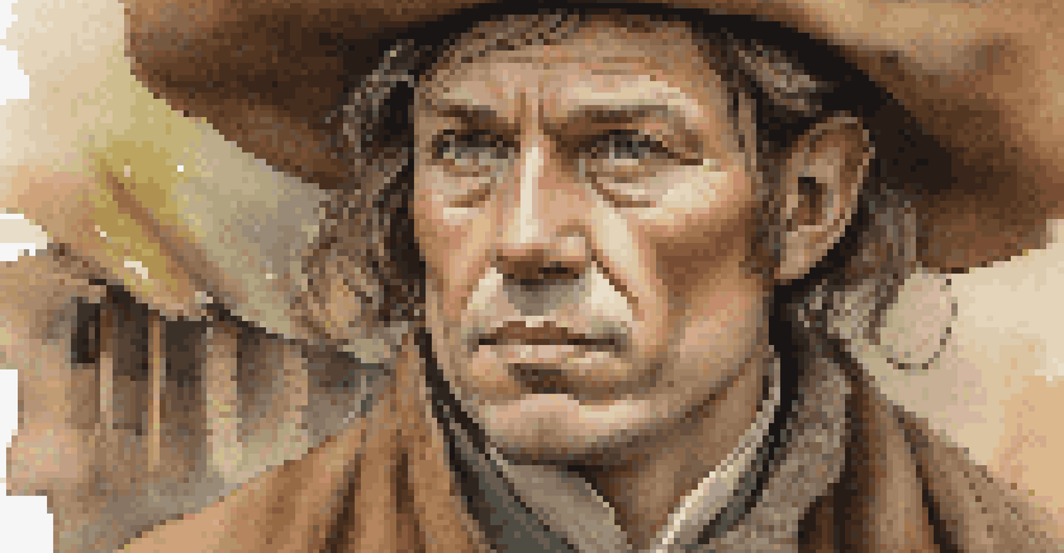 A close-up of a reenactor portraying a historical figure, with detailed makeup and costume, set against a rustic background.