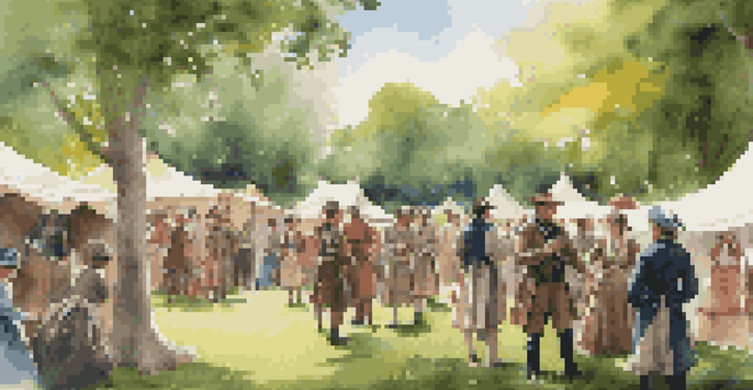 A colorful historical reenactment in a park, with people interacting and reenactors demonstrating crafts under sunlight filtering through trees.