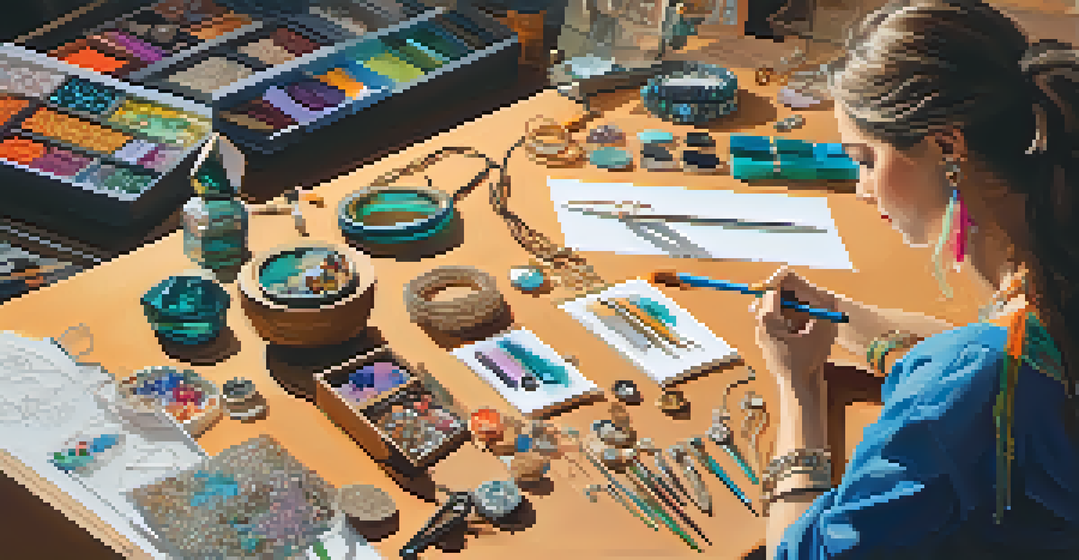 A jewelry maker sketching a design on a mood board surrounded by tools and materials.