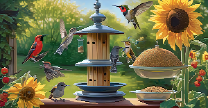 A lively backyard with multiple bird feeders attracting different bird species, surrounded by colorful flowers and a birdbath.
