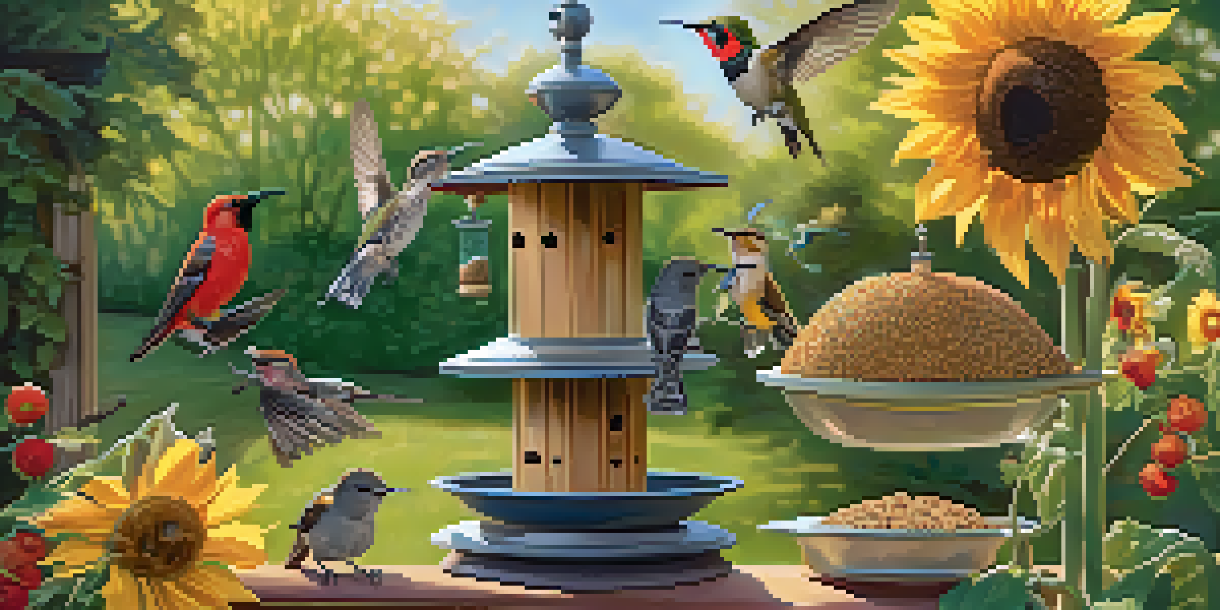A lively backyard with multiple bird feeders attracting different bird species, surrounded by colorful flowers and a birdbath.