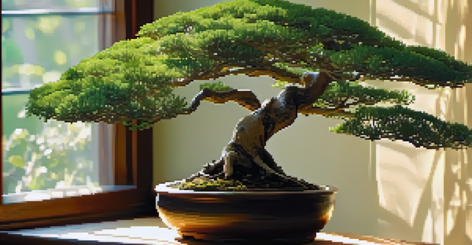 A detailed view of an indoor bonsai tree on a wooden table, illuminated by soft sunlight from a window.