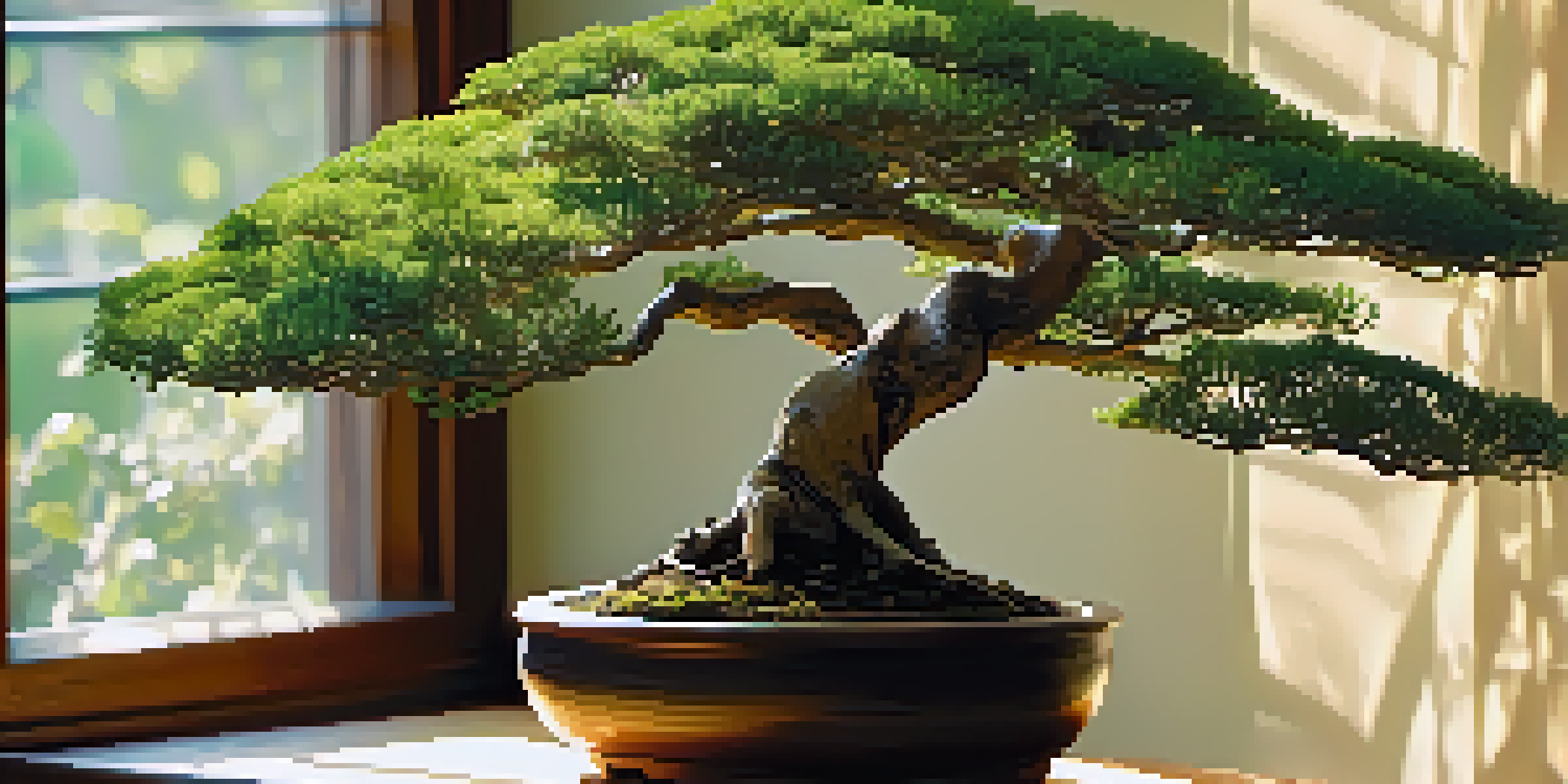 A detailed view of an indoor bonsai tree on a wooden table, illuminated by soft sunlight from a window.