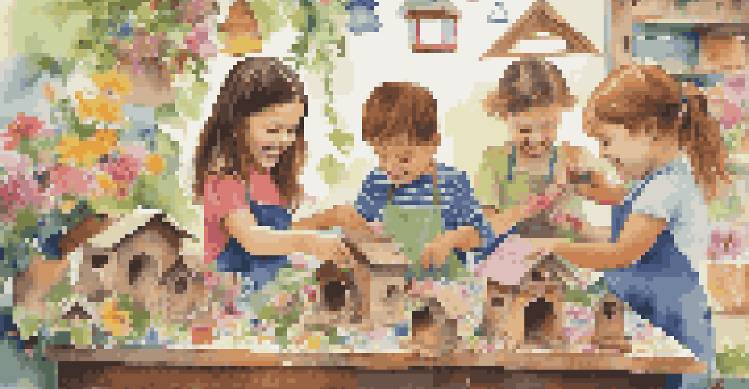 A group of children happily crafting birdhouses together, surrounded by colorful supplies and a vibrant natural setting.