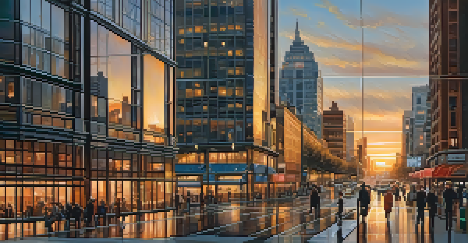 A city skyline at dusk with buildings reflecting the sunset and street lights.