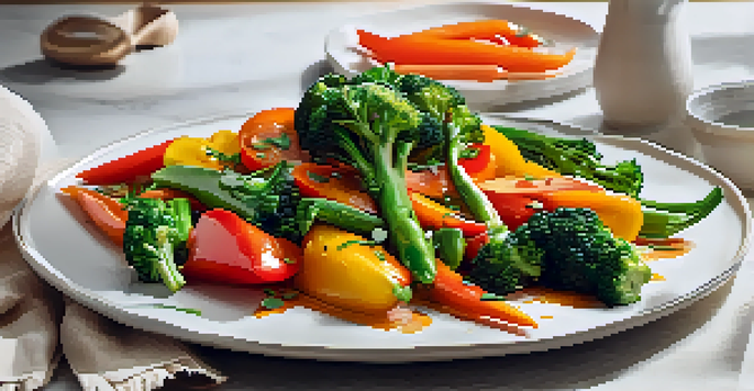 A vibrant stir-fry with bell peppers, broccoli, and carrots elegantly arranged on a white plate, garnished with herbs and a drizzle of sauce.