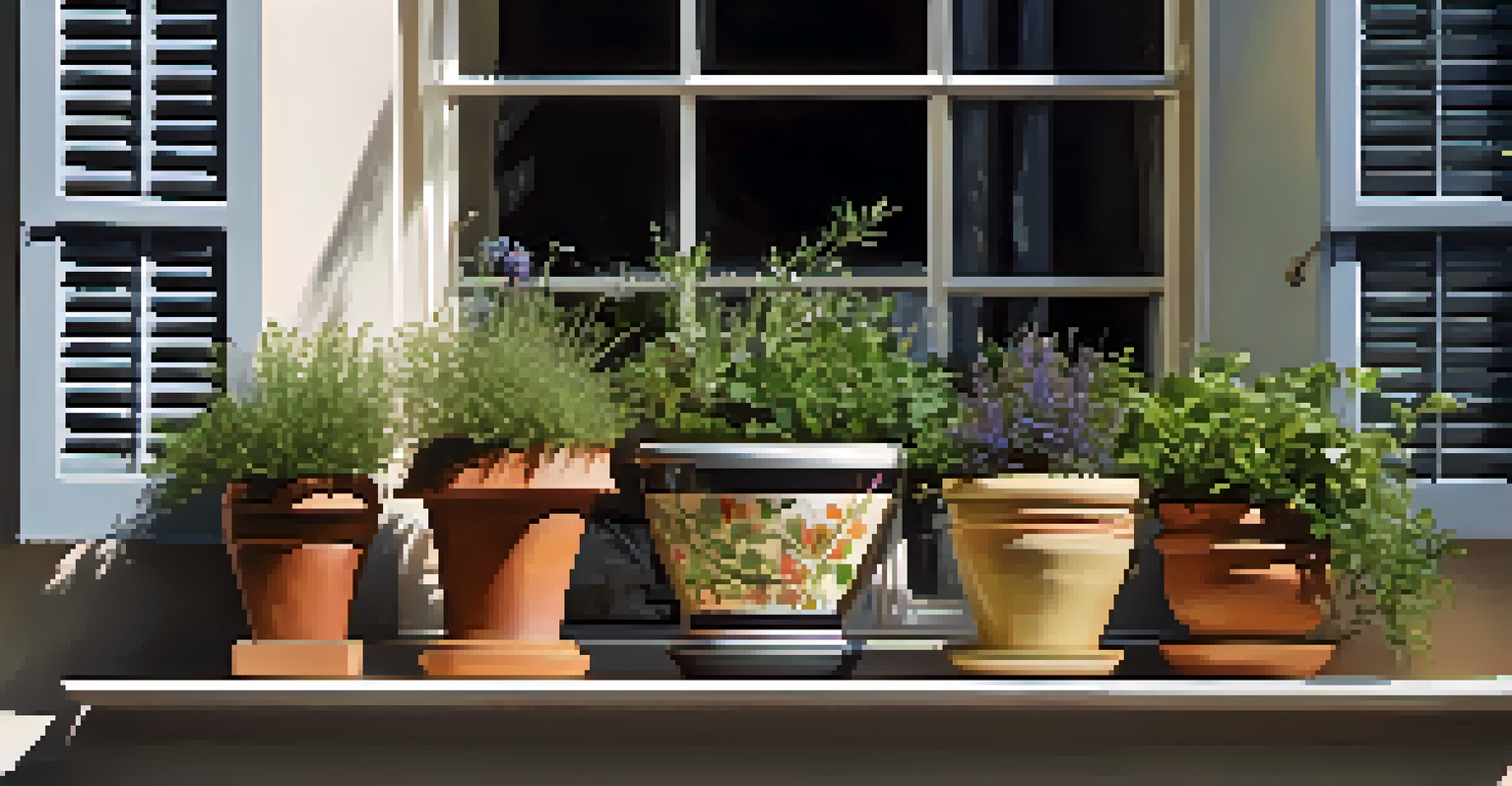 A close-up view of decorative planters on a windowsill with herbs and flowering plants, illuminated by sunlight.