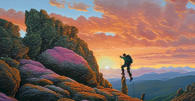 A climber ascending a rock formation at sunset, with a colorful sky and distant mountains.