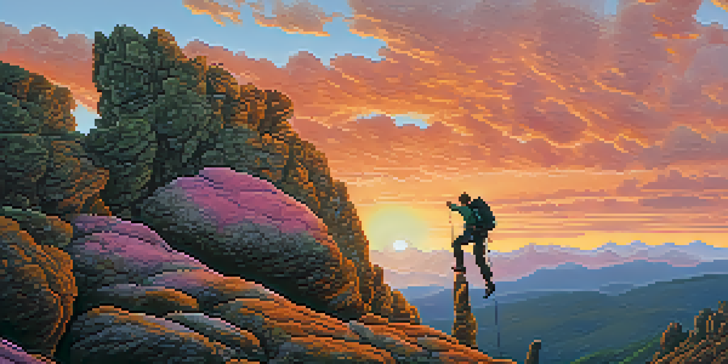 A climber ascending a rock formation at sunset, with a colorful sky and distant mountains.