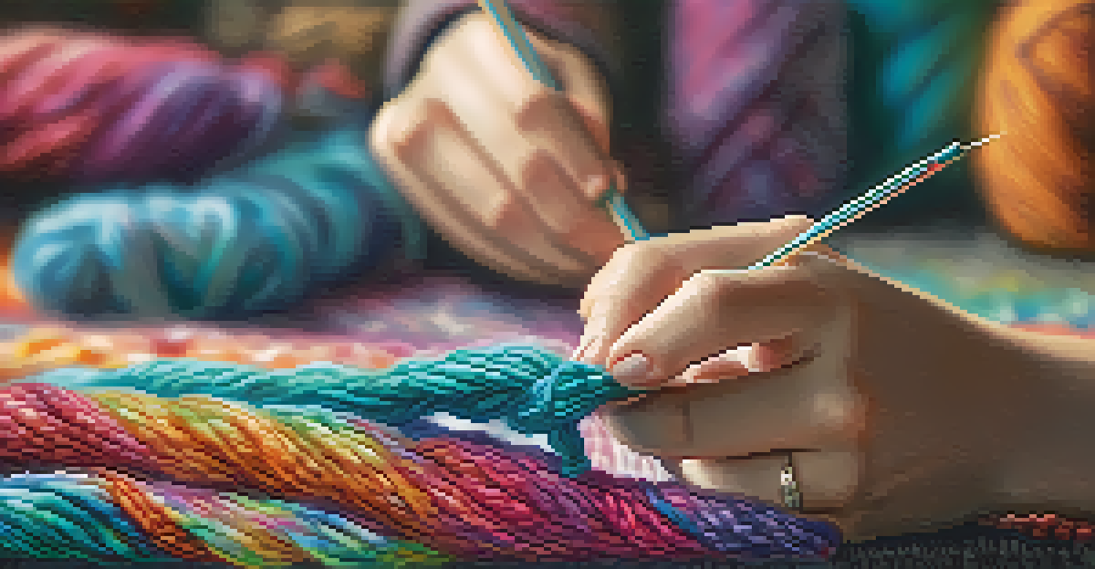 Close-up of hands knitting a colorful scarf, showcasing intricate patterns and vibrant yarn.