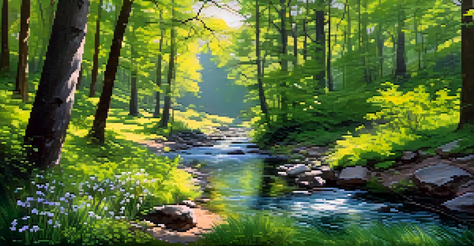 A peaceful forest in spring with colorful wildflowers, tall trees, and a gentle stream under a bright blue sky.