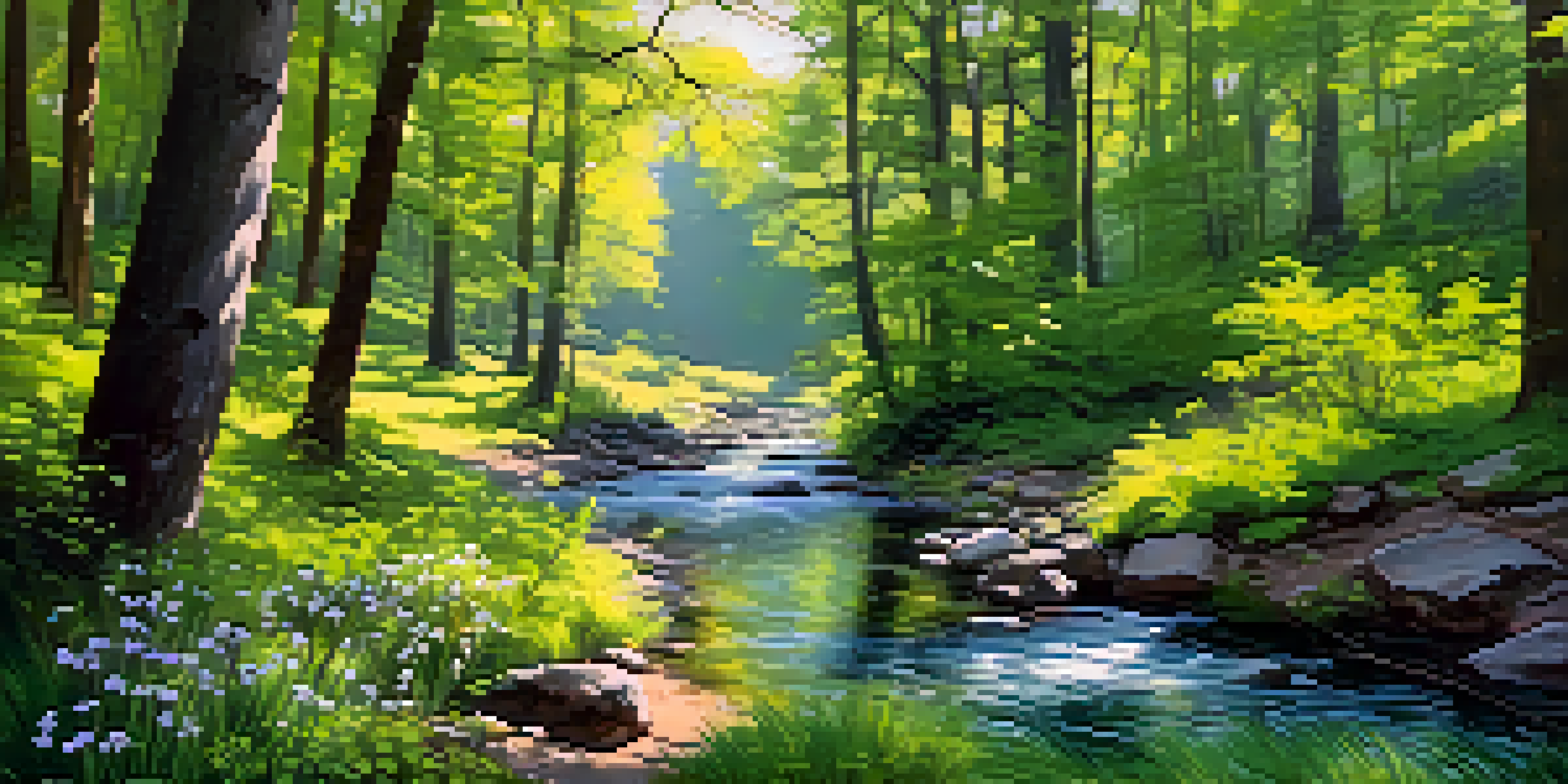 A peaceful forest in spring with colorful wildflowers, tall trees, and a gentle stream under a bright blue sky.