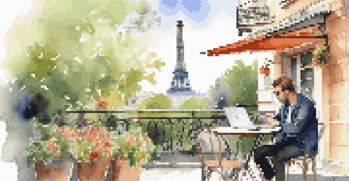 A traveler enjoying coffee at a café in Paris, with a laptop open on the table, surrounded by flowers and sunlight, and the Eiffel Tower in the background.