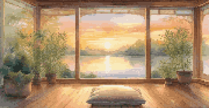A peaceful meditation room with a cushion, plants, and a sunset view over a lake.