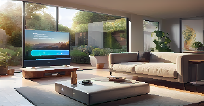 A modern living room with a smart home hub, a robotic vacuum, and warm lighting, overlooking a garden.