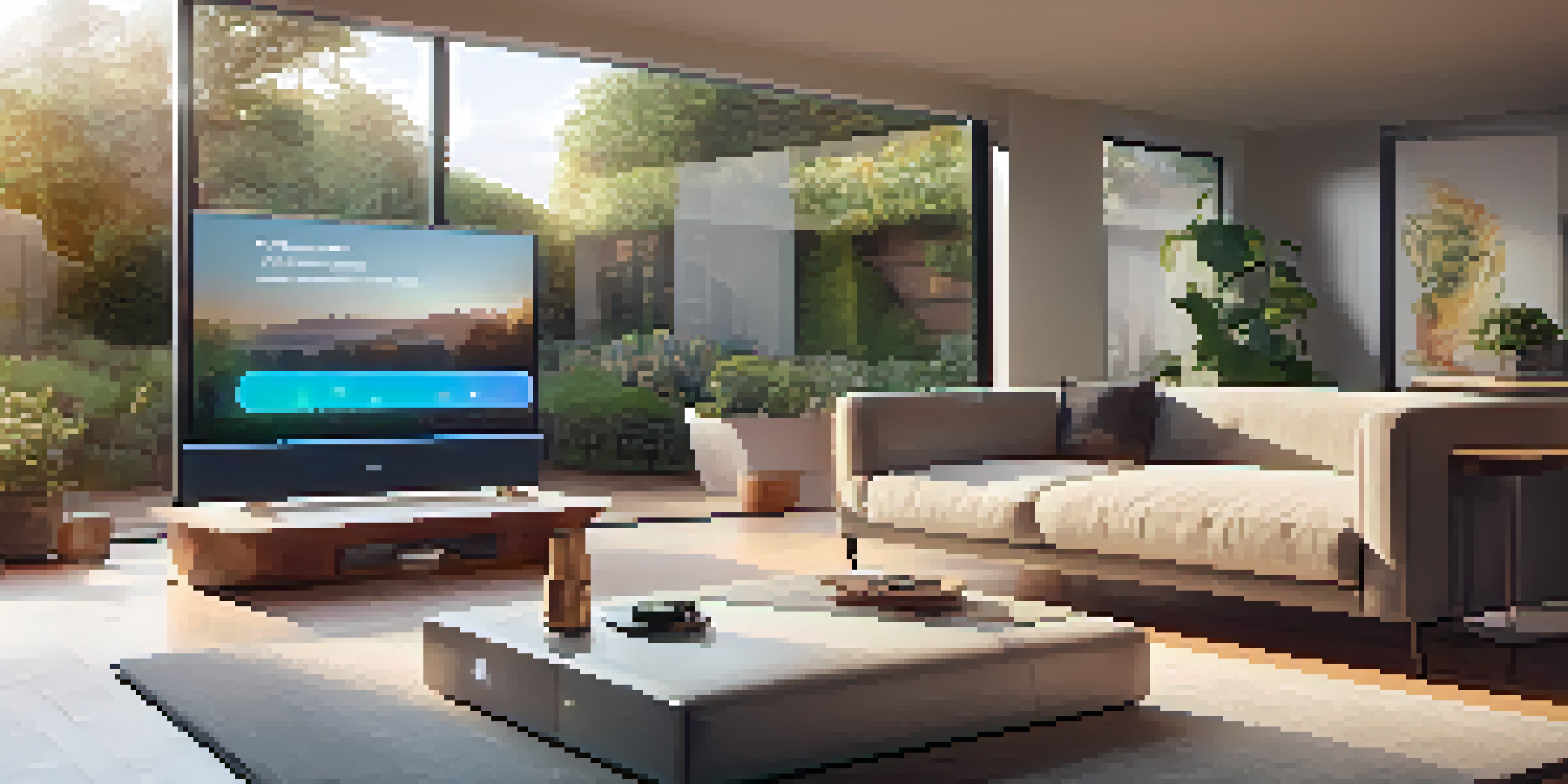 A modern living room with a smart home hub, a robotic vacuum, and warm lighting, overlooking a garden.