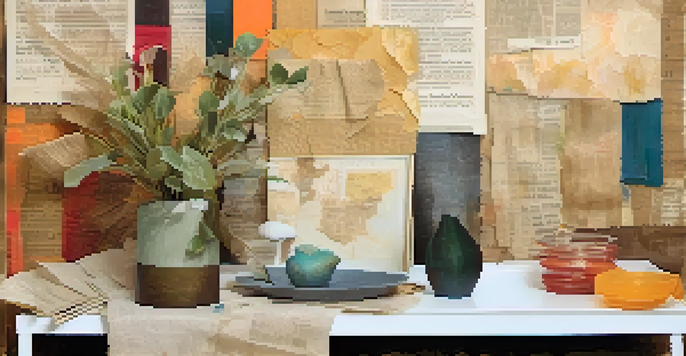 A colorful mixed media artwork with various textures, showcasing layers of burlap, watercolor, and magazine clippings in a nature-inspired theme.