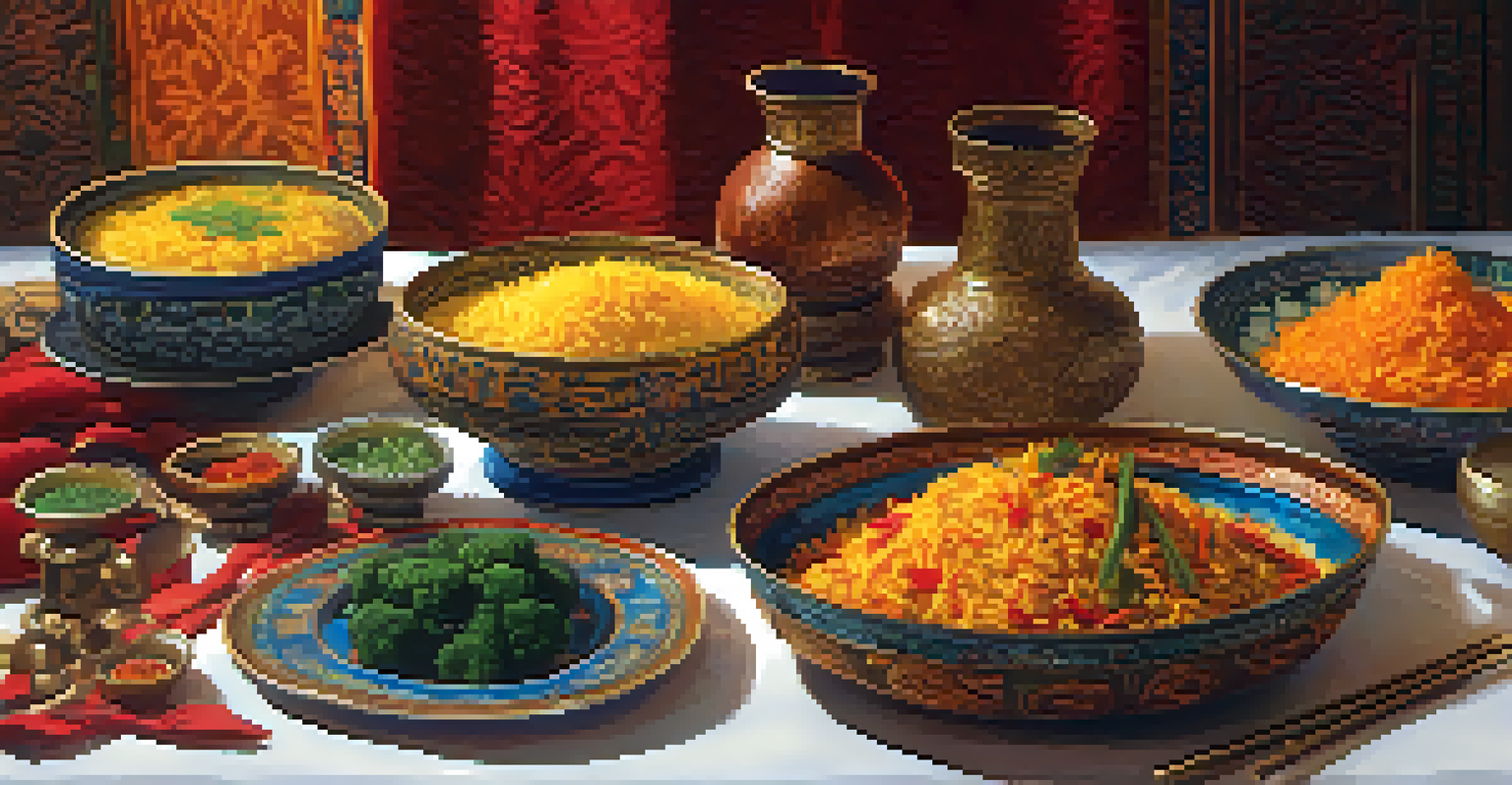 A beautifully set table for a feast with diverse dishes influenced by the Silk Road, illuminated by candlelight.