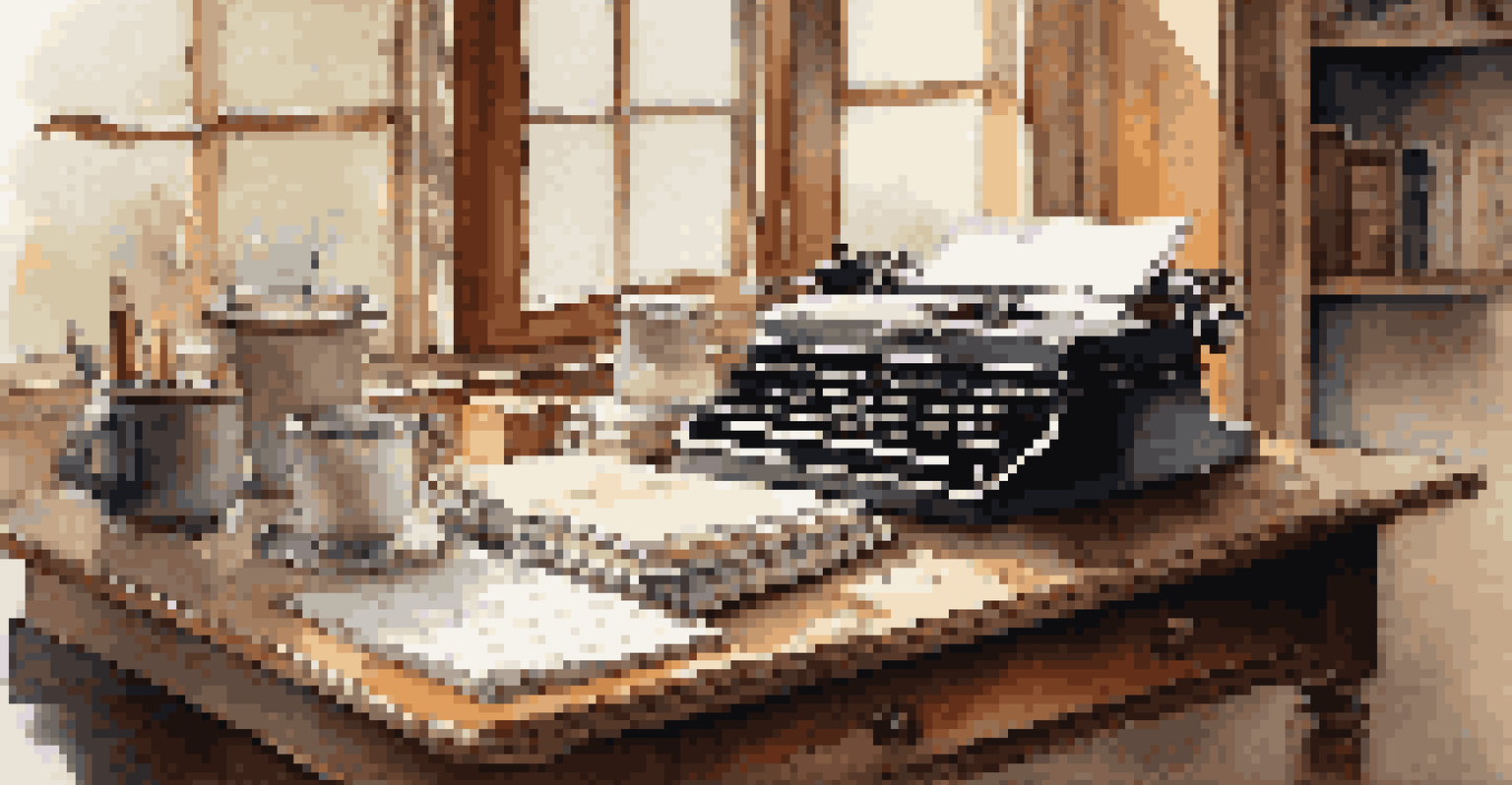 A writer's desk with notebooks, an old typewriter, and a steaming cup of coffee, illuminated by soft light from a window.