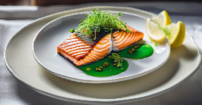 A seared salmon fillet on a green puree, garnished with microgreens and lemon slice on a white plate, illuminated by soft natural light.