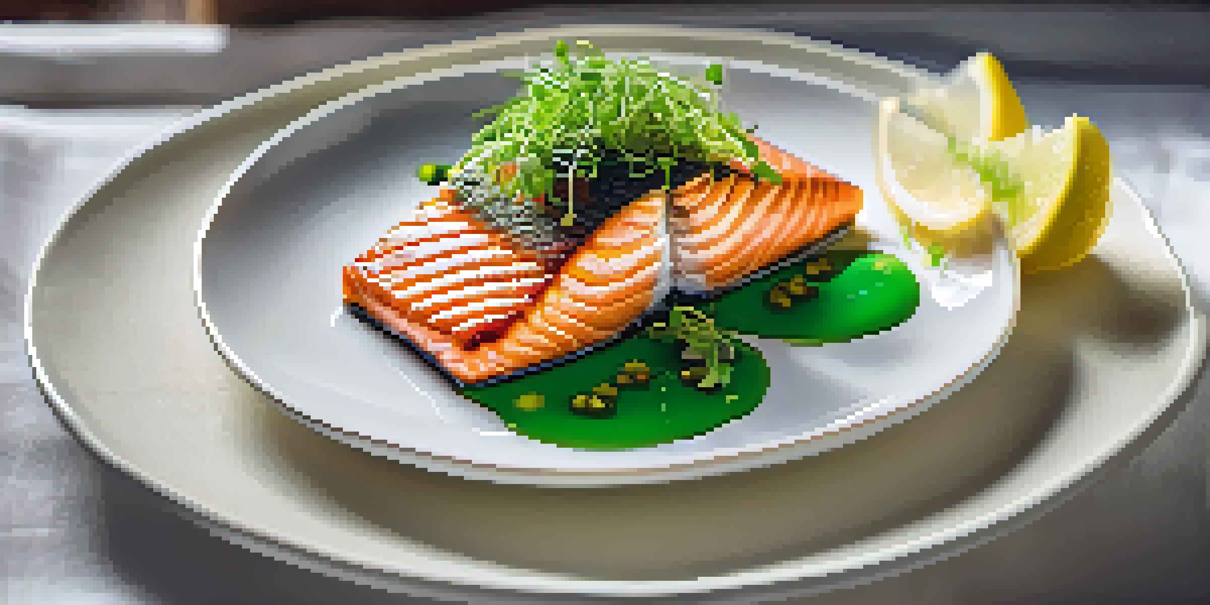 A seared salmon fillet on a green puree, garnished with microgreens and lemon slice on a white plate, illuminated by soft natural light.