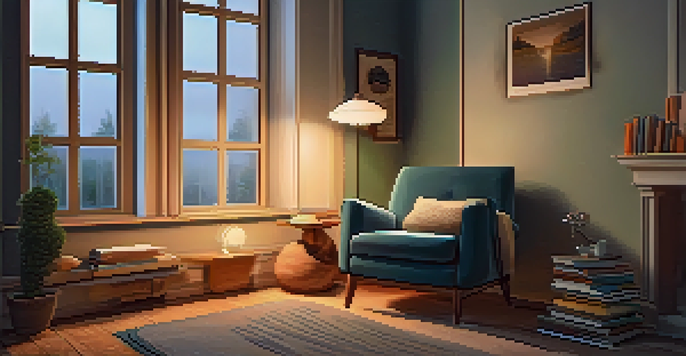 A cozy reading nook featuring an armchair, bookshelf, warm lamp, and a cup of tea, set against a rainy window.