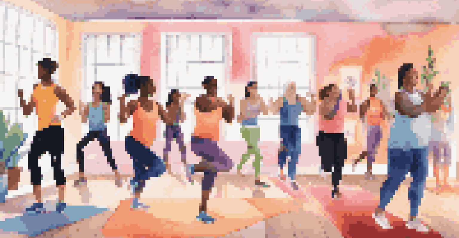 A vibrant virtual fitness class with diverse participants exercising from their homes.